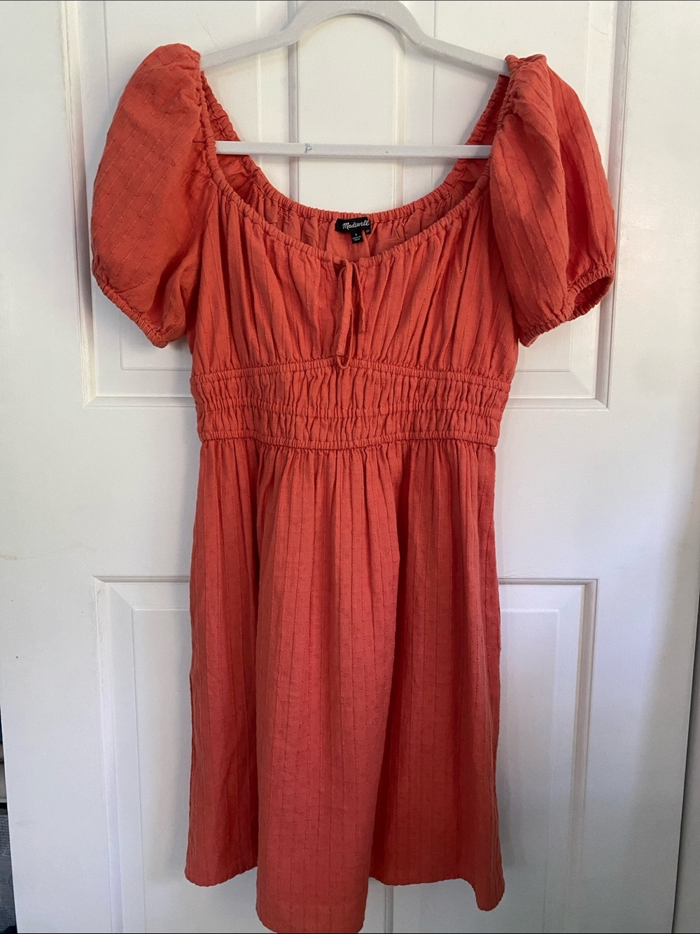 Madewell Coral Puff-Sleeve Smocked Mini Dress